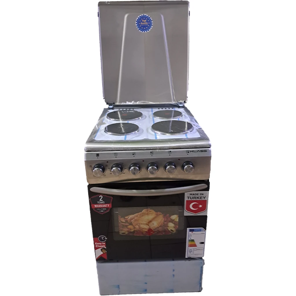 KLASS Full Electric Cooker 50x60cm, 4 Electric Plates, Electric Oven & Grill, Rotisserie, Oven Lamp & Timer, 4TTE-5604HP - Black