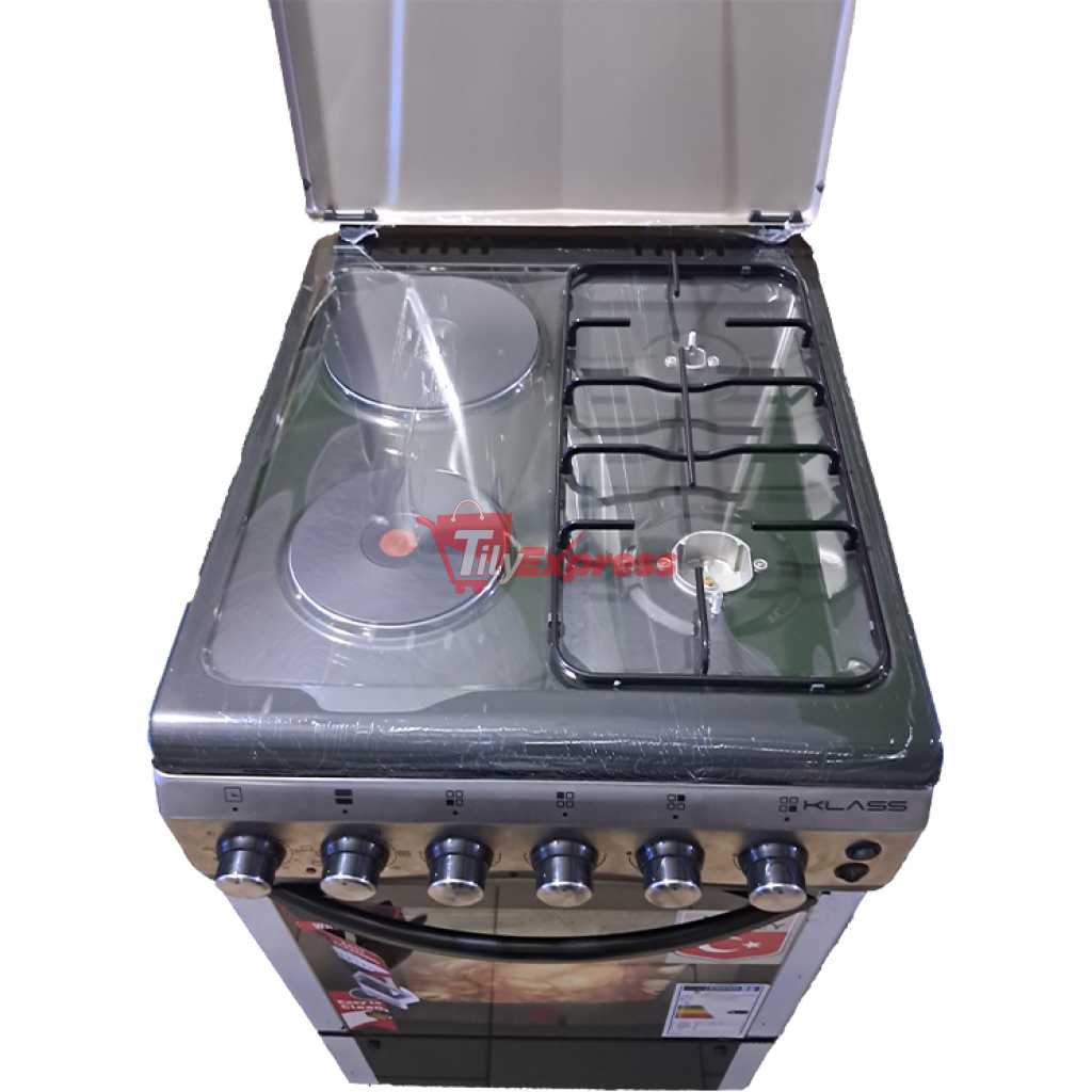 KLASS Cooker 50x60cm, 2 Gas Burners + 2 Hot Plates, Electric Oven & Grill, Rotisserie, Oven Lamp & Timer, 4TTE-5622TI - Inox