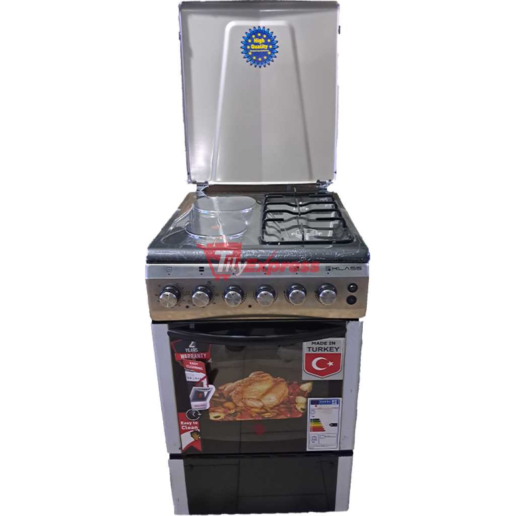 KLASS Cooker 50x60cm, 2 Gas Burners + 2 Hot Plates, Electric Oven & Grill, Rotisserie, Oven Lamp & Timer, 4TTE-5622TI - Inox