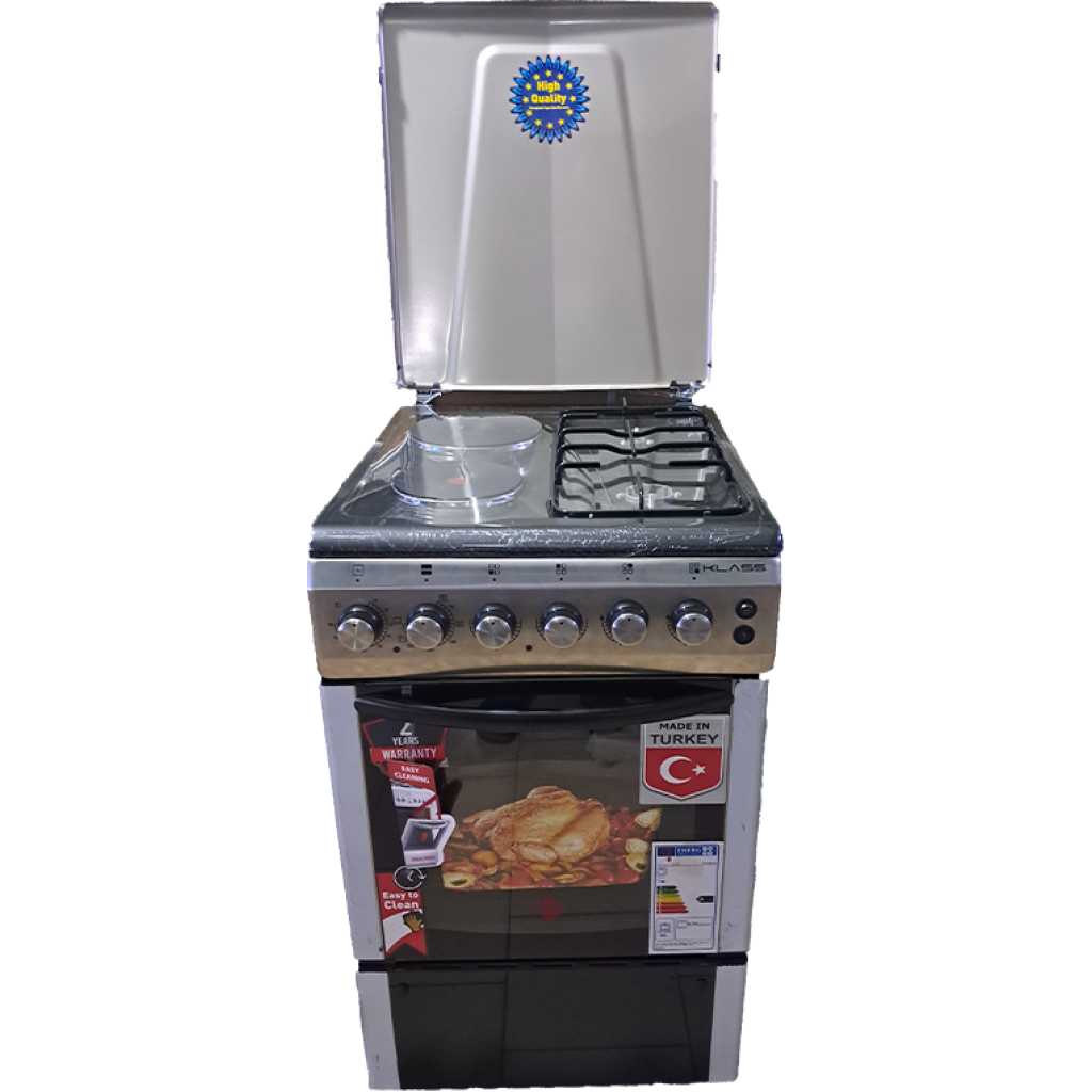 KLASS Cooker 50x60cm, 2 Gas Burners + 2 Hot Plates, Electric Oven & Grill, Rotisserie, Oven Lamp & Timer, 4TTE-5622TI - Inox