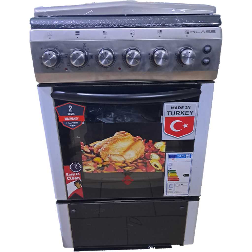 KLASS Cooker 50x60cm, 3 Gas Burners + 1 Hot Plate, Electric Oven & Grill, Rotisserie, Oven Lamp & Timer, 4TTE-5631HI - Inox