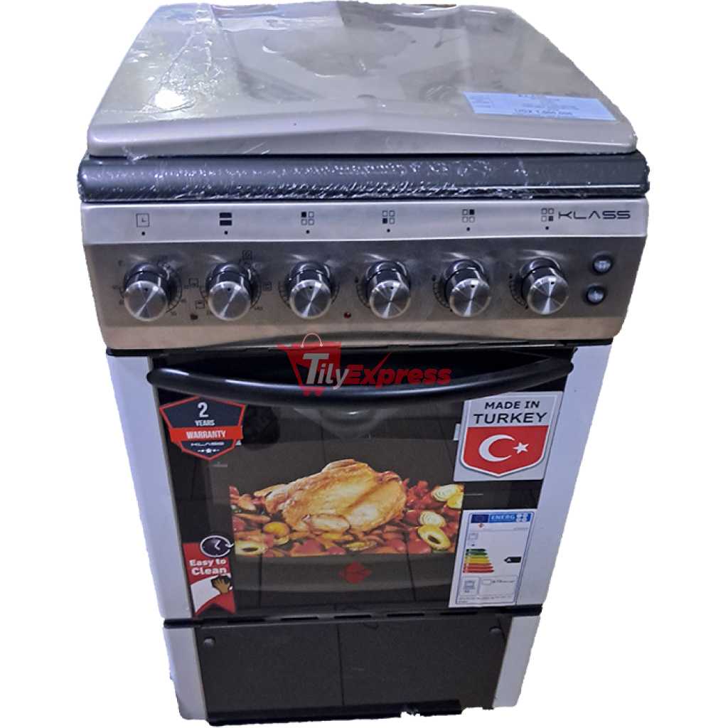 KLASS Cooker 50x60cm, 3 Gas Burners + 1 Hot Plate, Electric Oven & Grill, Rotisserie, Oven Lamp & Timer, 4TTE-5631HI - Inox