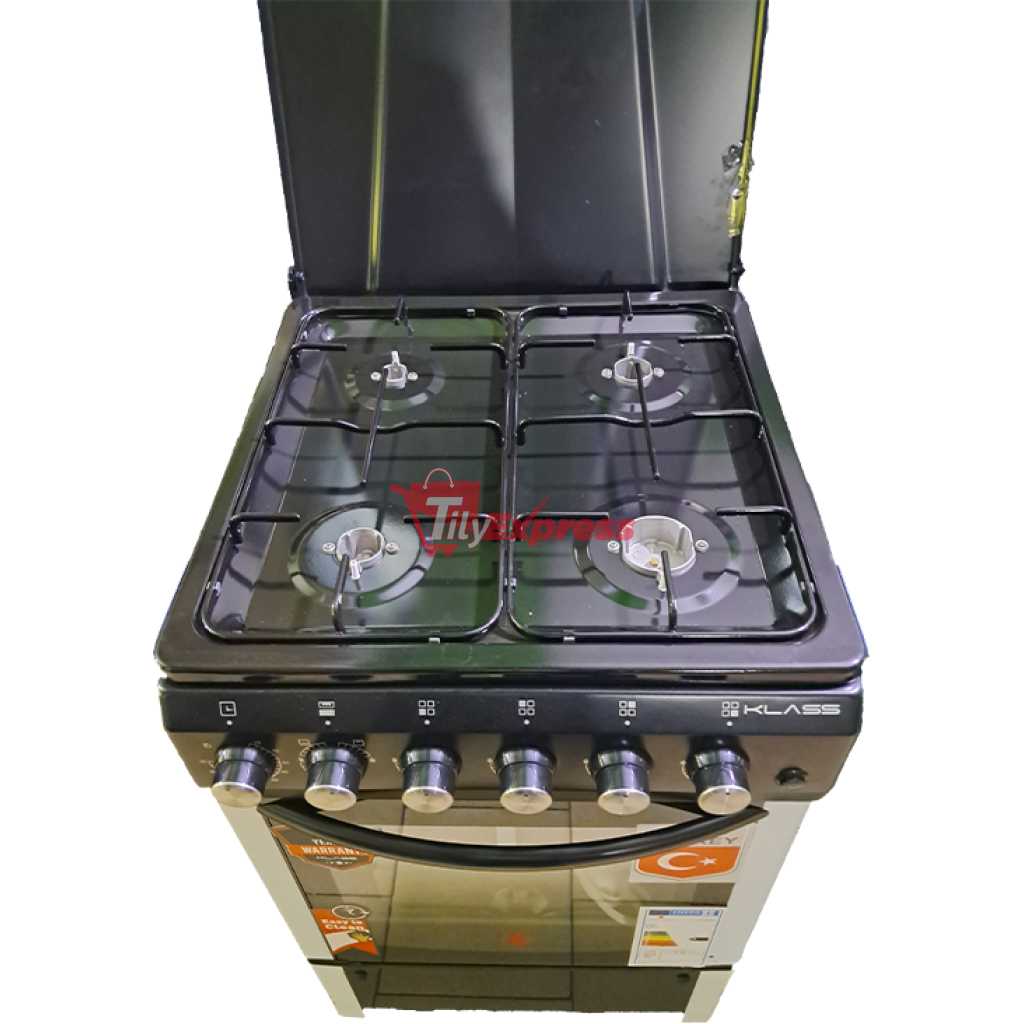 KLASS 60x60cm Full Gas Cooker, 4 Gas Burners, Gas Oven & Grill, Oven Lamp & Timer, 4TTE-6640BLK - Black
