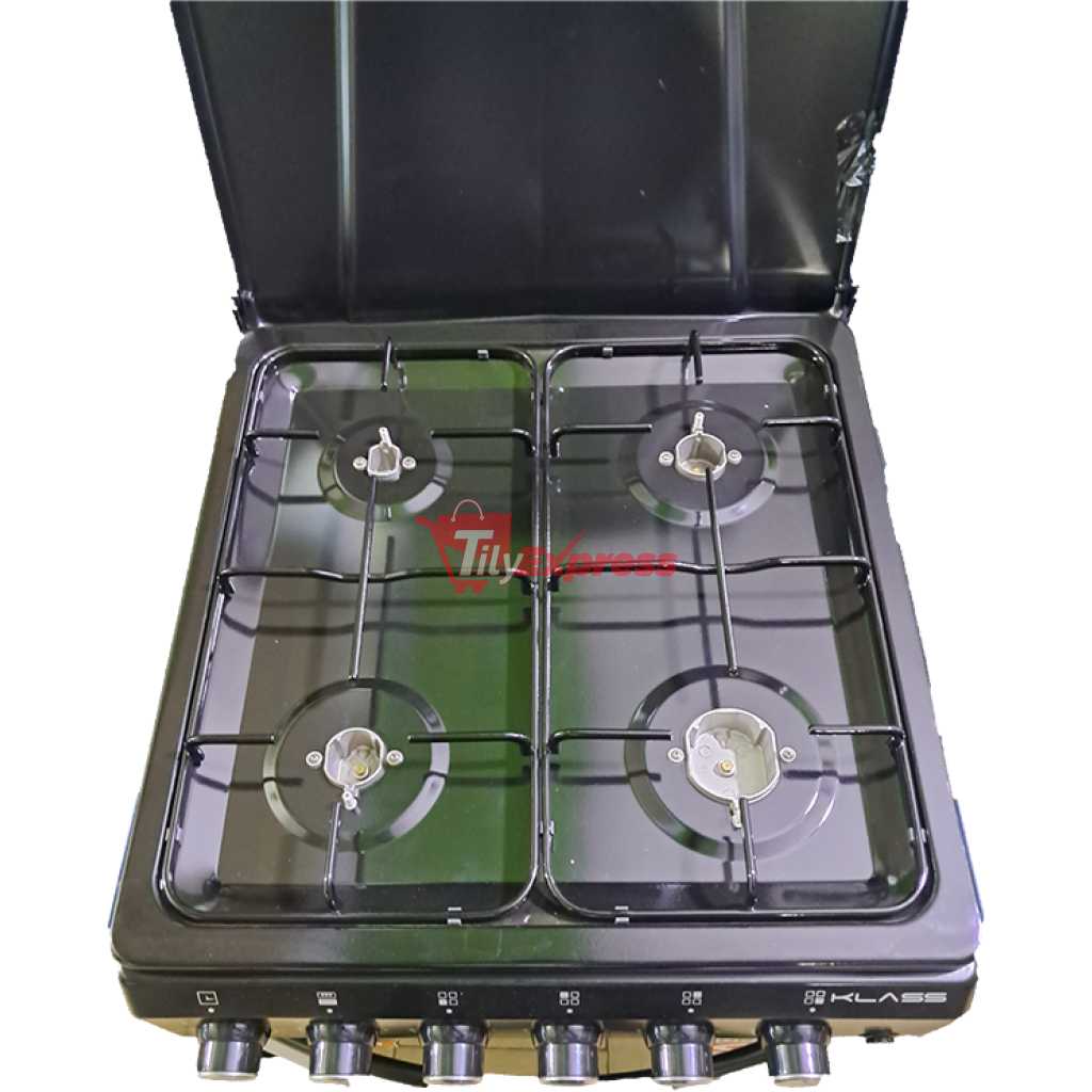 KLASS 60x60cm Full Gas Cooker, 4 Gas Burners, Gas Oven & Grill, Oven Lamp & Timer, 4TTE-6640BLK - Black