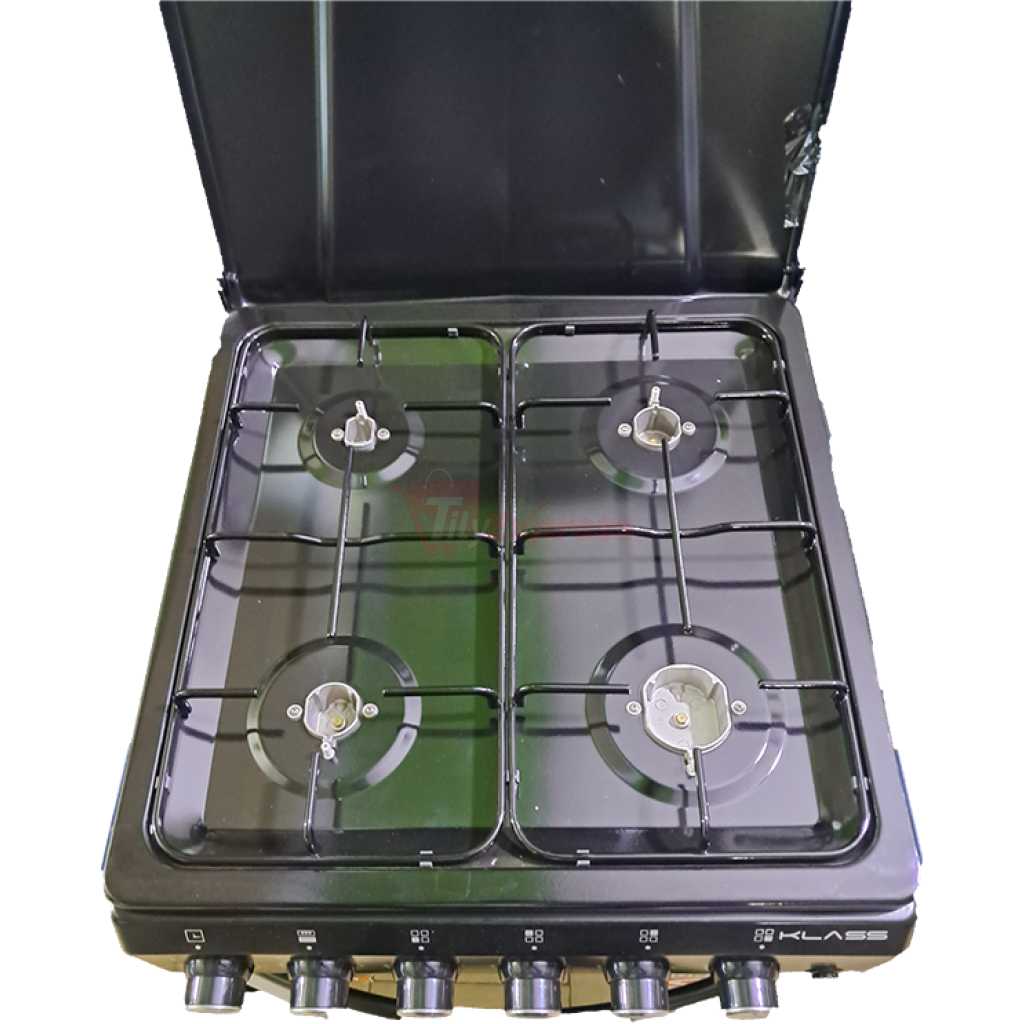 KLASS Free Standing Cooker 50x60cm, Full Gas, 4 Gas Burners, Gas Oven & Grill, Oven Lamp & Timer, 4TTE-5640BLK - Black