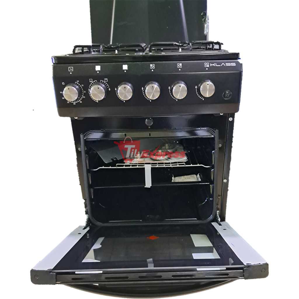 KLASS 60x60cm Full Gas Cooker, 4 Gas Burners, Gas Oven & Grill, Oven Lamp & Timer, 4TTE-6640BLK - Black