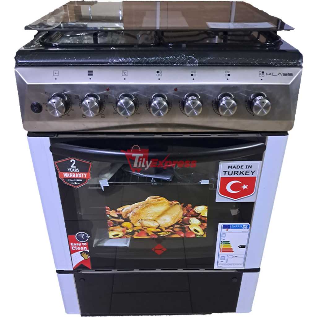 KLASS Cooker 60x60cm, 3 Gas Burners + 1 Hot Plate, Electric Oven & Grill, Rotisserie, Oven Lamp & Timer, Glass Top, 4TTE-6631TI - Inox