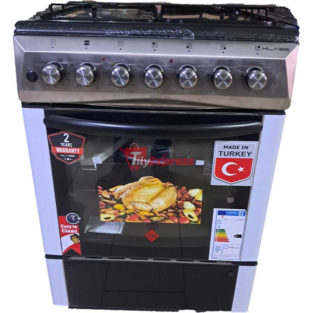 KLASS Cooker 60x60cm, 3 Gas Burners + 1 Hot Plate, Electric Oven & Grill, Rotisserie, Oven Lamp & Timer, Glass Top, 4TTE-6631TI - Inox