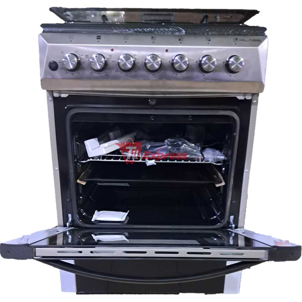 KLASS Cooker 60x60cm, 3 Gas Burners + 1 Hot Plate, Electric Oven & Grill, Rotisserie, Oven Lamp & Timer, Glass Top, 4TTE-6631TI - Inox