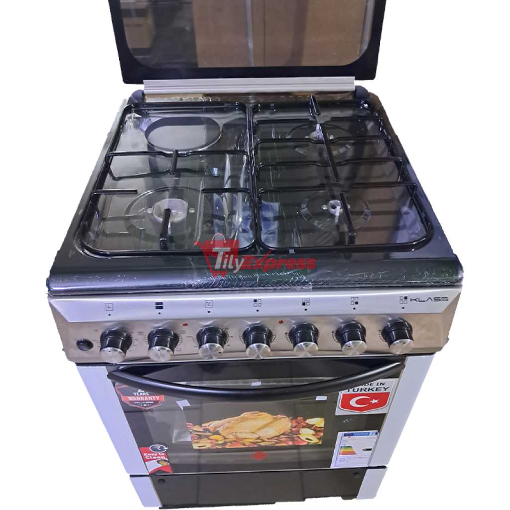 KLASS Cooker 60x60cm, 3 Gas Burners + 1 Hot Plate, Electric Oven & Grill, Rotisserie, Oven Lamp & Timer, Glass Top, 4TTE-6631TI - Inox