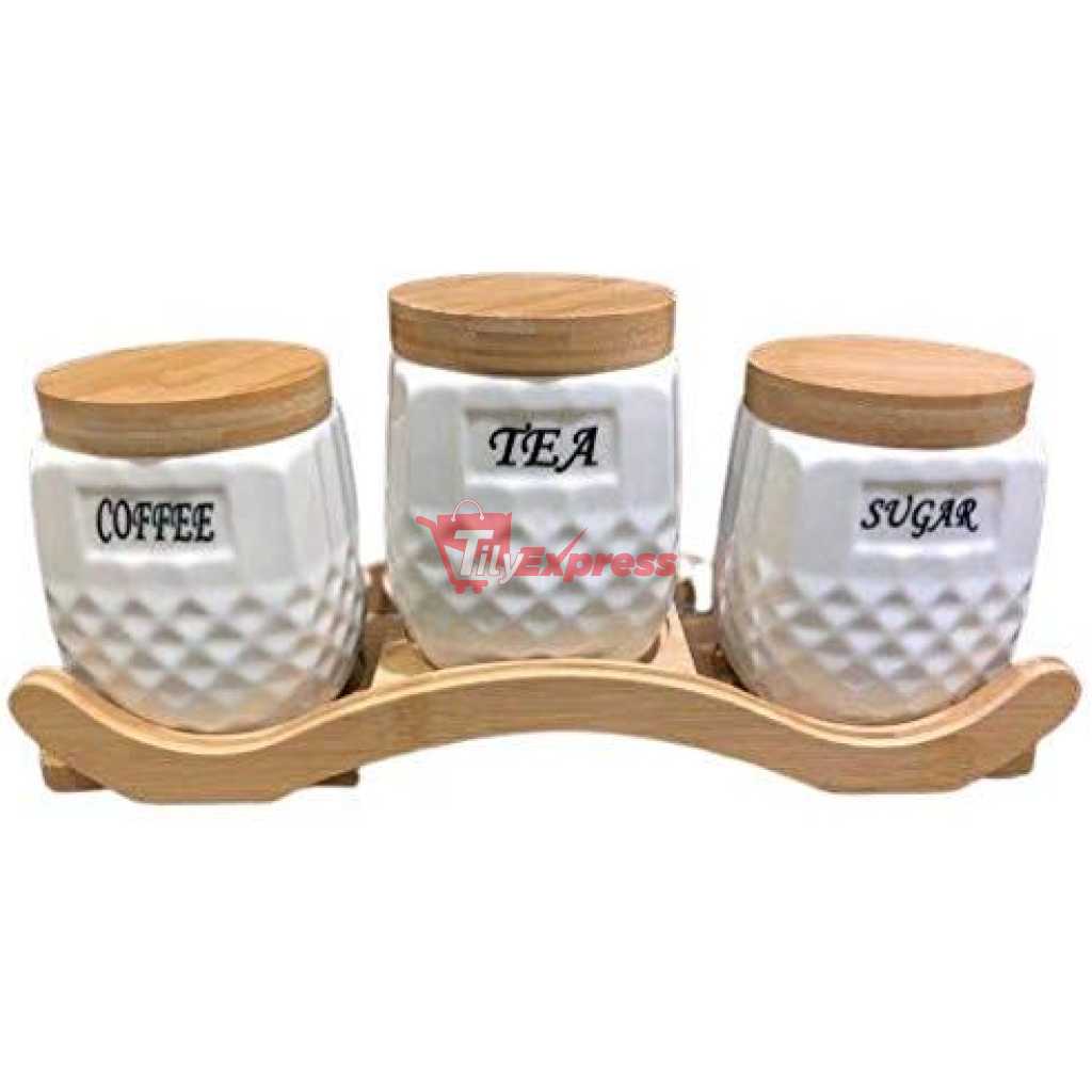 Ceramic Trime Tea Coffee Sugar 3 Canisters Set With Wooden Wavey Stand Tray & Bamboo Lid Condiment Airtight Jars Set- White.