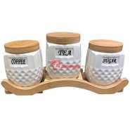 Ceramic Trime Tea Coffee Sugar 3 Canisters Set With Wooden Wavey Stand Tray & Bamboo Lid Condiment Airtight Jars Set- White.