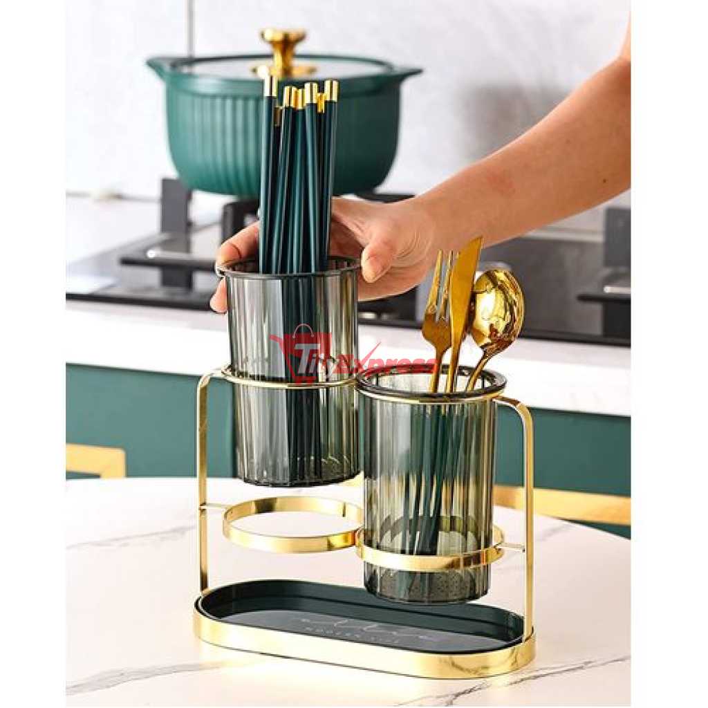 Kitchen Utensil Holder For Countertop 2 Cups Cooking Caddy Cutlery Rack For Fork Spoon Knife Spatula- Green