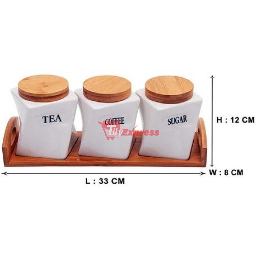 Ceramic Twisted Tea Coffee Sugar 3 Canisters Set With Wooden Wavey Stand Tray & Bamboo Lid Condiment Airtight Jars Set- White.