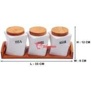 Ceramic Twisted Tea Coffee Sugar 3 Canisters Set With Wooden Wavey Stand Tray & Bamboo Lid Condiment Airtight Jars Set- White.