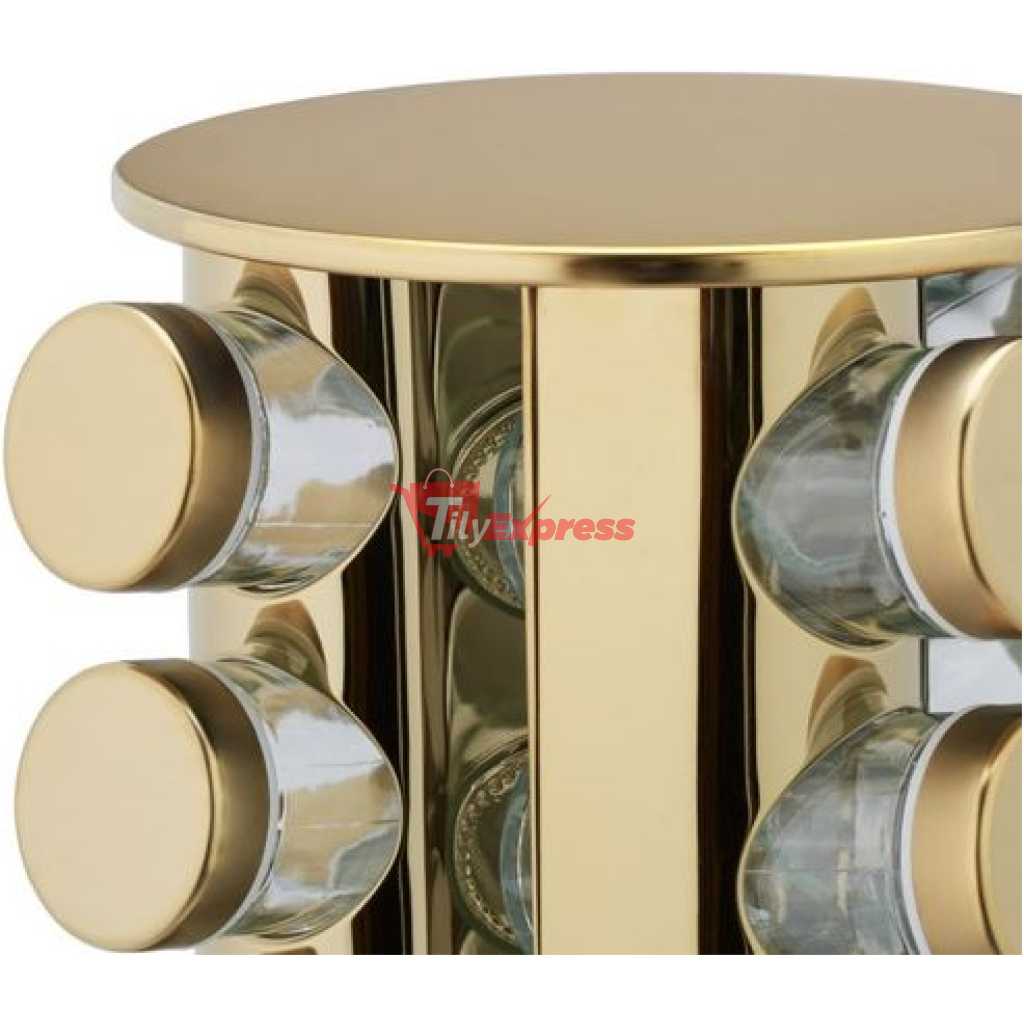 Countertop Glass Rotating Spice Rack 12 Spice Jars Organizer Bottle- Gold.