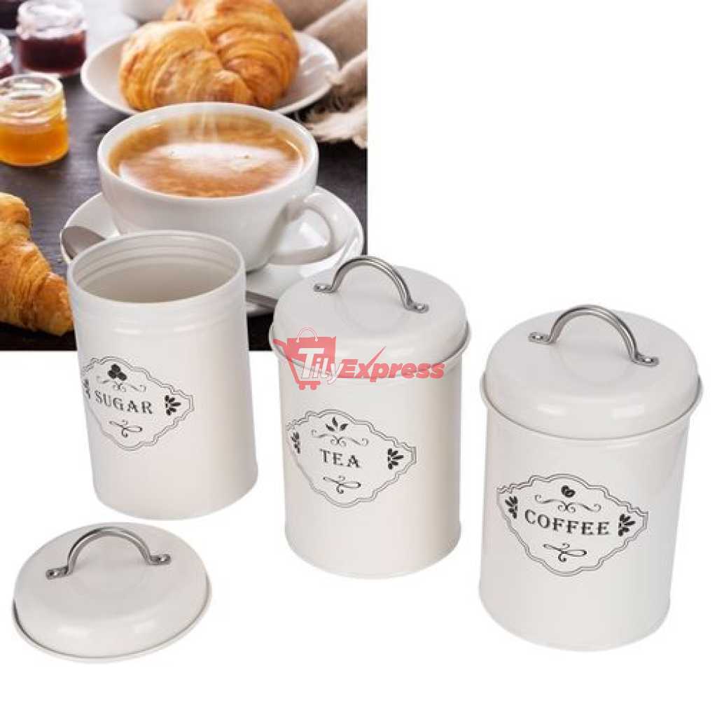 3 Piece Tea Sugar Coffee Canister Sealed Jar Storage Container Cans- Cream.