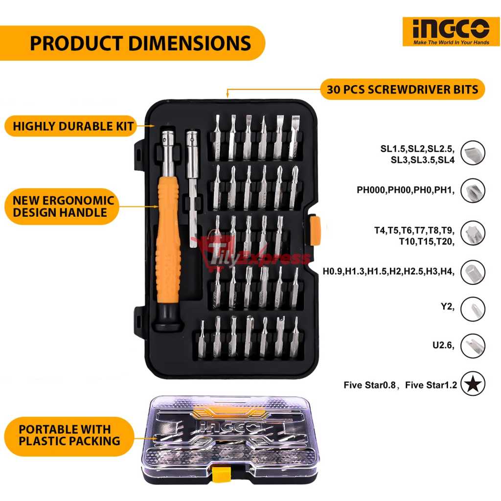 INGCO 32 Pcs Precision Screwdriver Set 30PCS 4X28mm Bits HKSDB0328