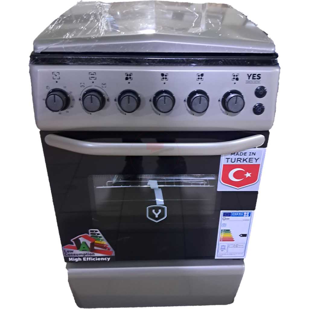 YES Full Gas Cooker 50x60cm YS-5640GTB; 4-Gas Burners, Gas Oven & Grill, Auto Ignition - Silver