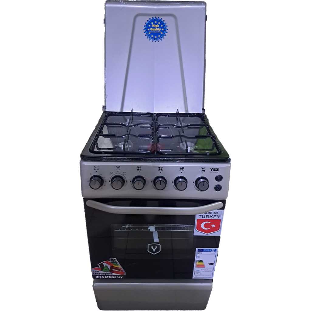 YES Full Gas Cooker 50x50cm YS-5540GTB; 4-Gas Burners, Gas Oven & Grill, Auto Ignition - Silver