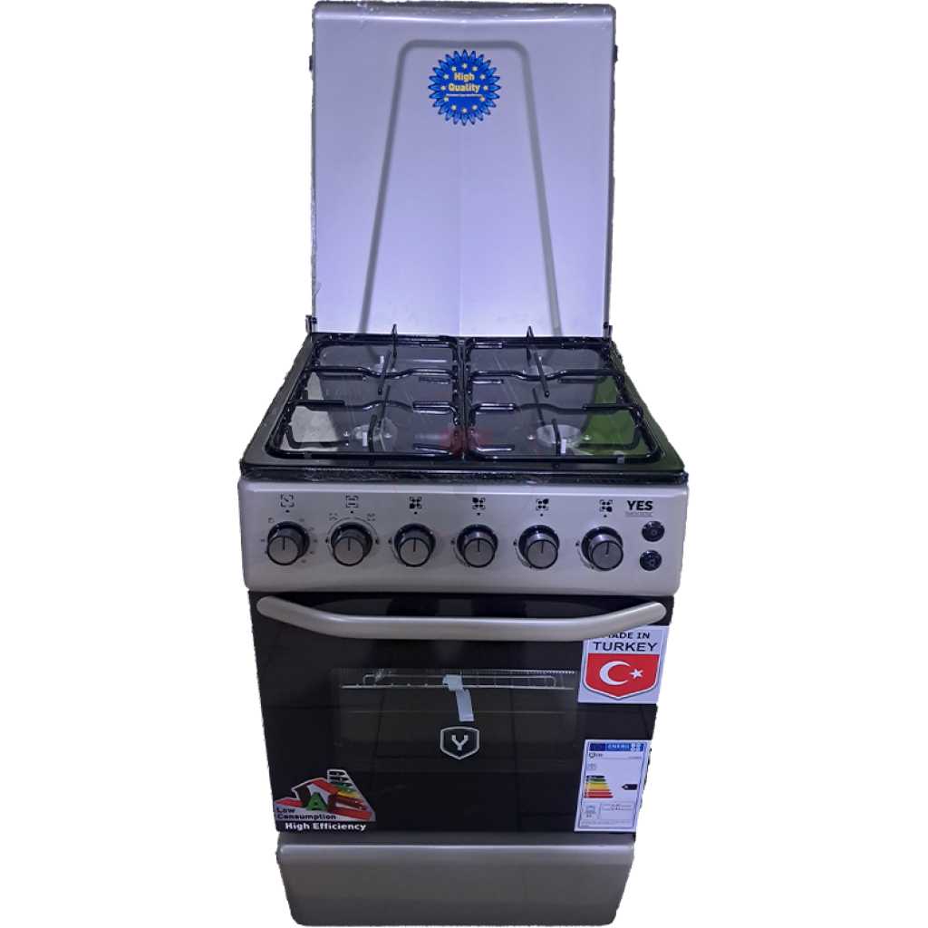YES Full Gas Cooker 50x60cm YS-5640GTB; 4-Gas Burners, Gas Oven & Grill, Auto Ignition - Silver
