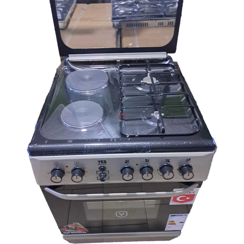 YES Cooker 2- Gas Burners + 2 Electric Plates, 60x60cm YS-6622GTG; Gas Oven & Grill, Auto Ignition, Top Glass – Silver