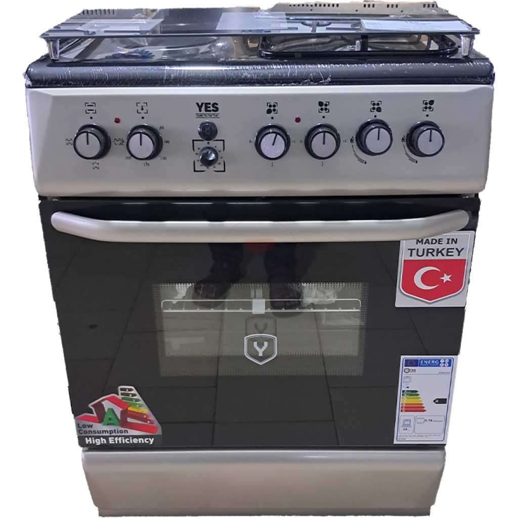 YES Cooker 2- Gas Burners + 2 Electric Plates, 60x60cm YS-6622GTG; Gas Oven & Grill, Auto Ignition, Top Glass – Silver