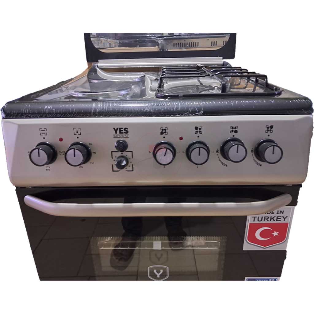 YES Cooker 2- Gas Burners + 2 Electric Plates, 60x60cm YS-6622GTG; Gas Oven & Grill, Auto Ignition, Top Glass – Silver