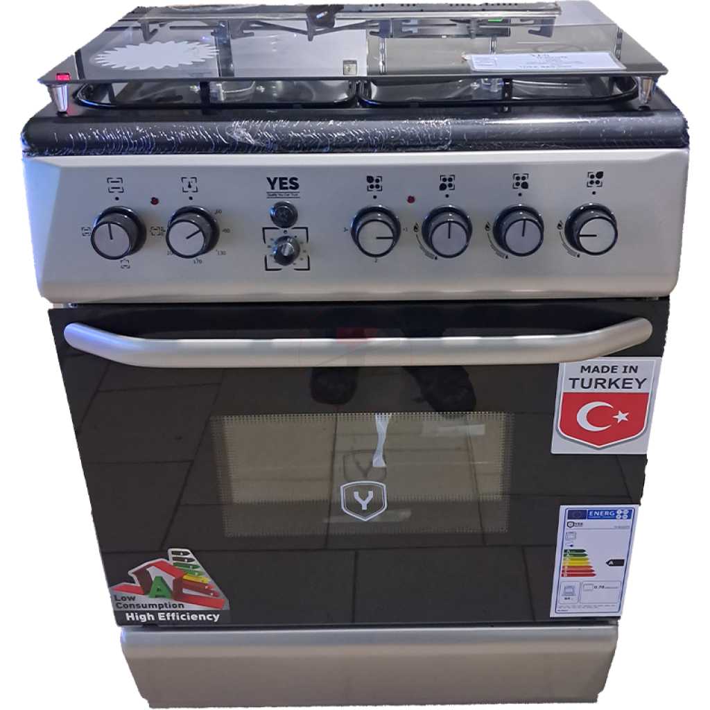 YES Cooker 3 - Gas Burners + 1 Electric Plate, 60x60cm YS-6631GTG; Gas Oven & Grill, Auto Ignition - Silver