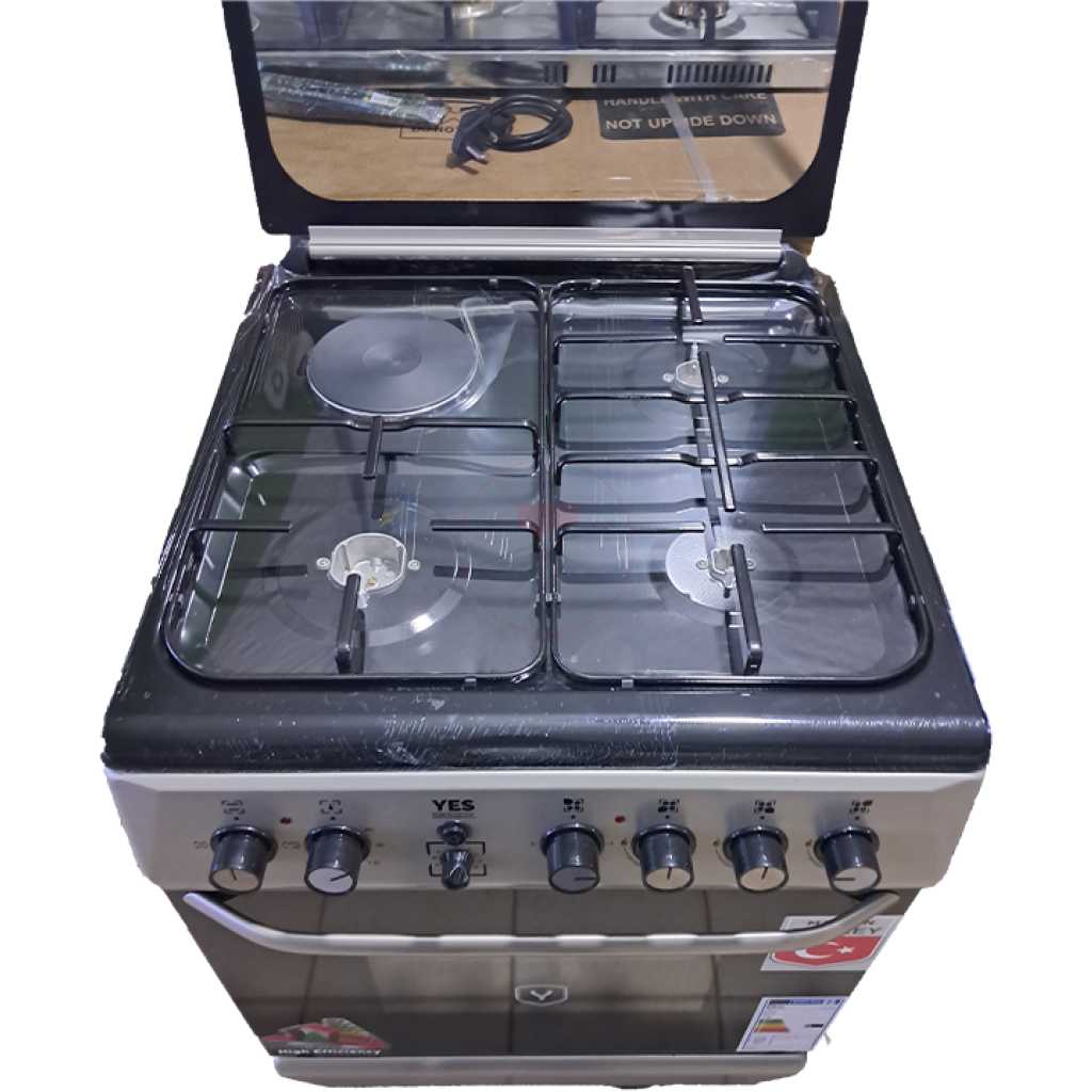 YES Cooker 3 - Gas Burners + 1 Electric Plate, 60x60cm YS-6631GTG; Gas Oven & Grill, Auto Ignition - Silver