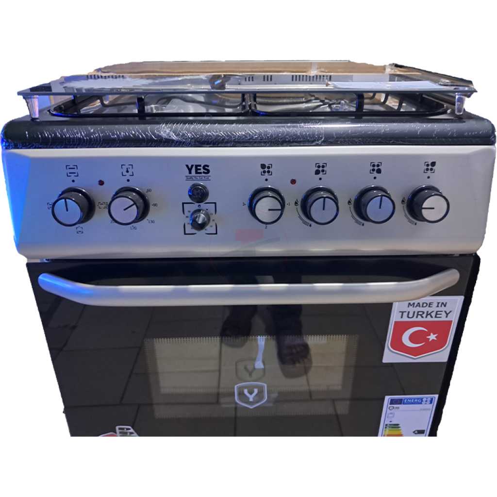 YES Cooker 3 - Gas Burners + 1 Electric Plate, 60x60cm YS-6631GTG; Gas Oven & Grill, Auto Ignition - Silver