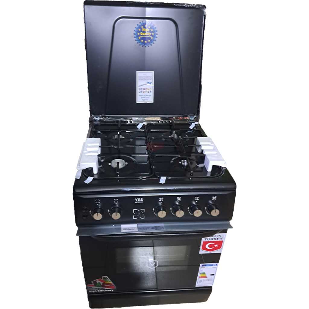 YES Full Gas Cooker 60x60cm YS-6640GTG; 4-Gas Burners, Gas Oven & Grill, Auto Ignition - Silver