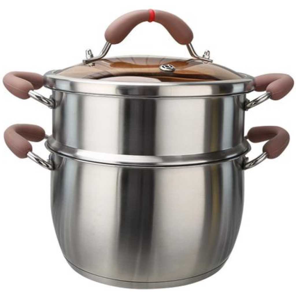 24CM 2 Tier Stainless Steel Steamer for Cooking, Dumpling Steamer, Vegetable Steamer with Handles, Soup Steamer Pot Cookware Pot with Lid - Silver.