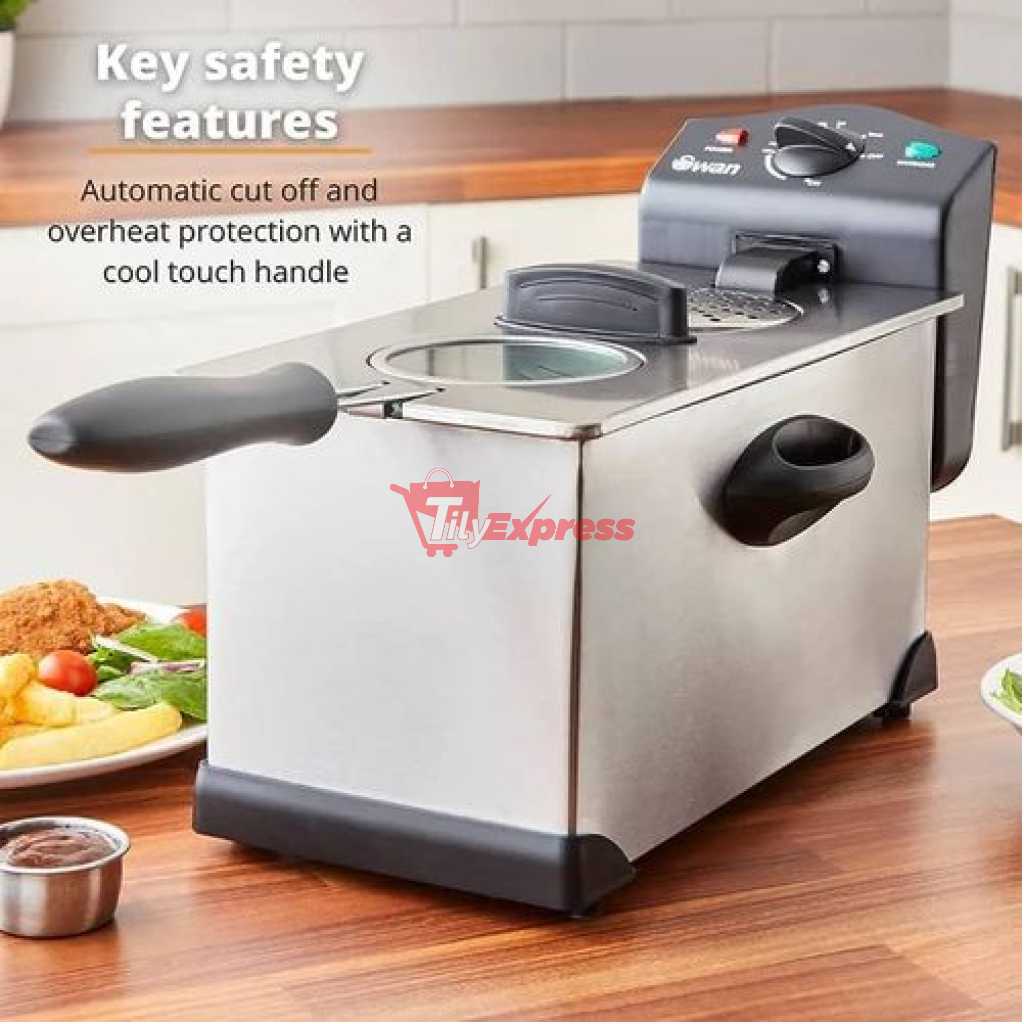 Swan 3 Litre Stainless Steel Deep Fat Fryer with Viewing Window and Safety Cut Out, Non-Slip, Easy Clean and Adjustable Temperature Control, 2000W, Silver