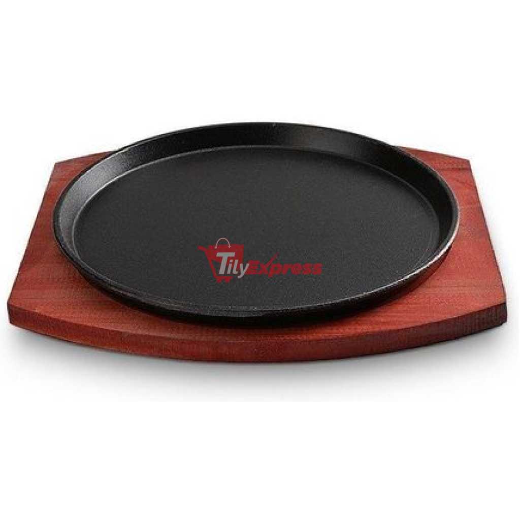 Kitchen Round Sizzling Plate Cast Iron Plate With Thick Sturdy Wooden Base 26cm- Brown, Black