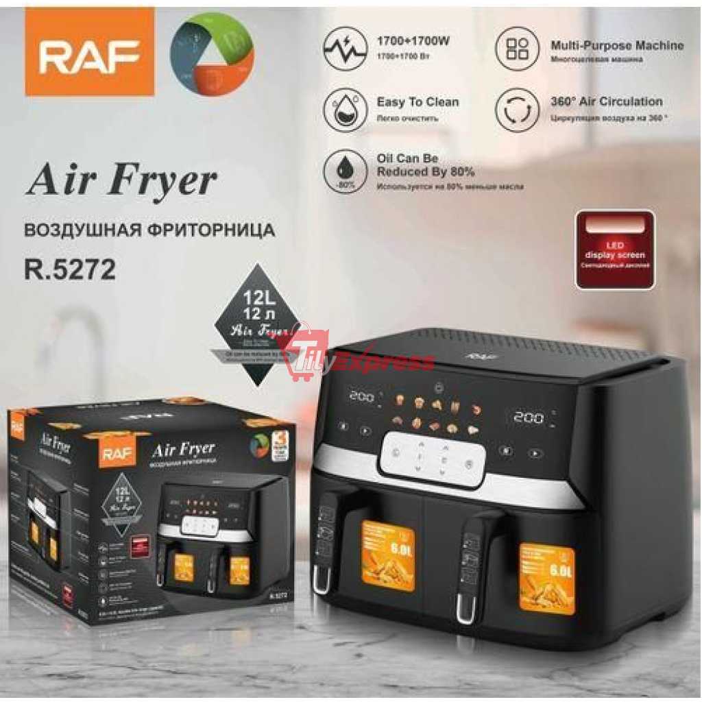 RAF 12L Air Fryer With 2 Independent Baskets Grill Oven- Black