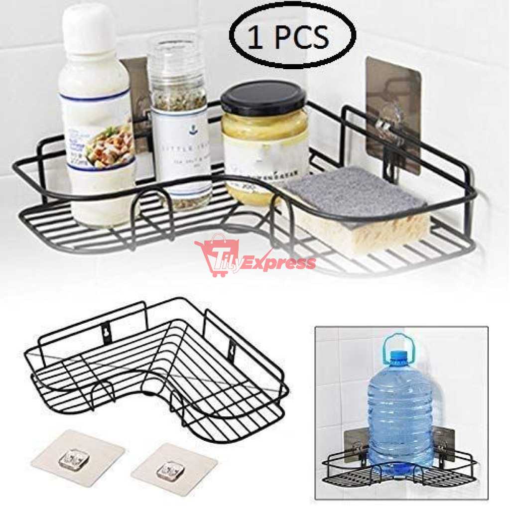 Self-Adhesive Metal Bathroom Kitchen Corner Rack Storage Shelves - Black