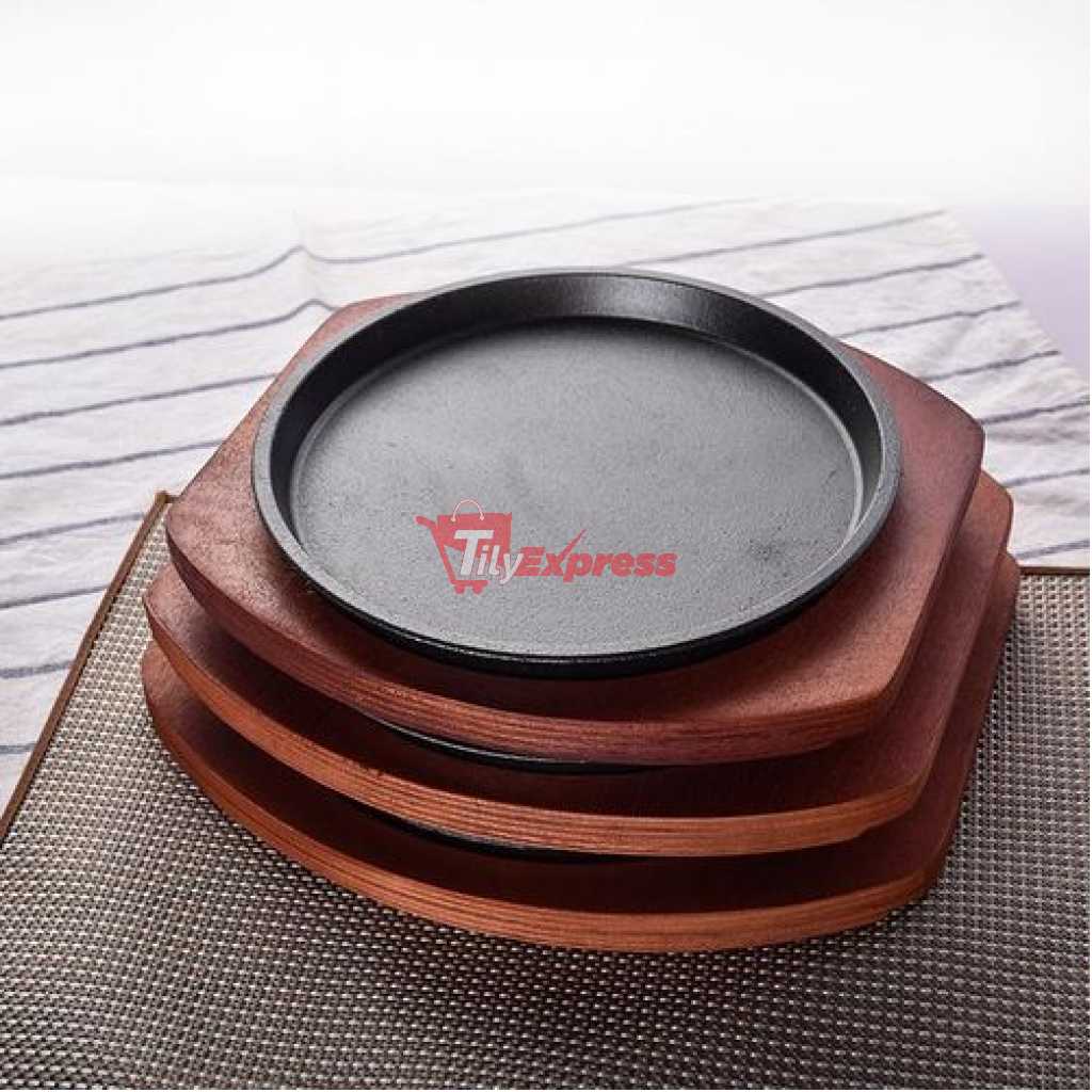 Kitchen Round Sizzling Plate Cast Iron Plate With Thick Sturdy Wooden Base 26cm- Brown, Black