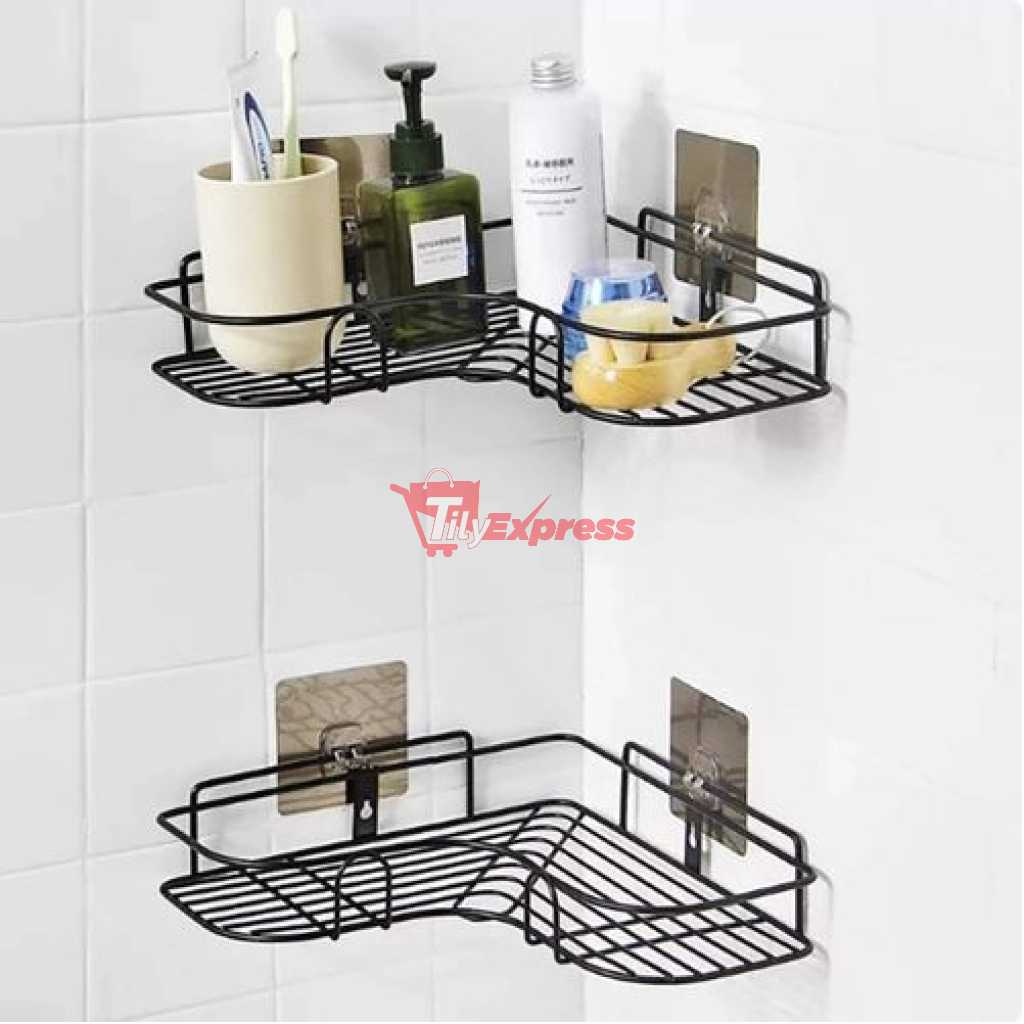 Self-Adhesive Metal Bathroom Kitchen Corner Rack Storage Shelves - Black