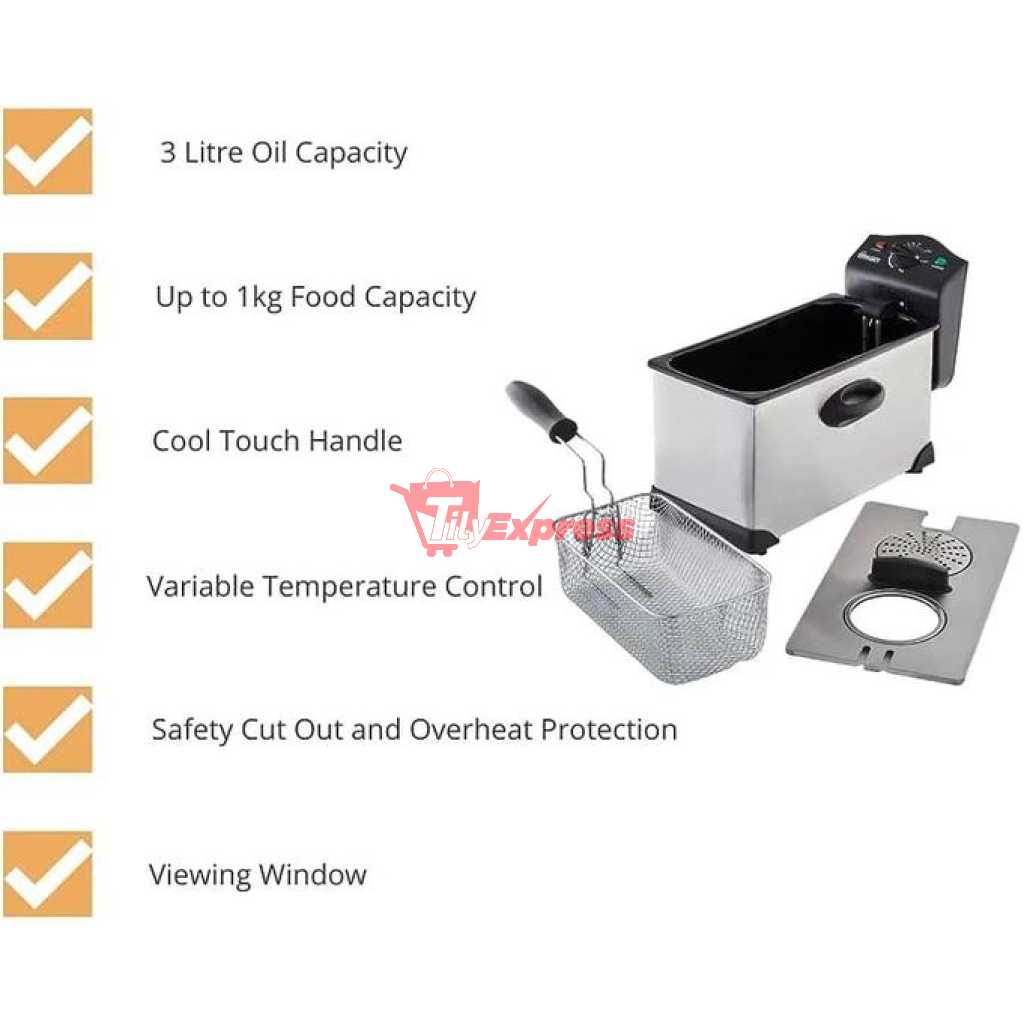 Swan 3 Litre Stainless Steel Deep Fat Fryer with Viewing Window and Safety Cut Out, Non-Slip, Easy Clean and Adjustable Temperature Control, 2000W, Silver