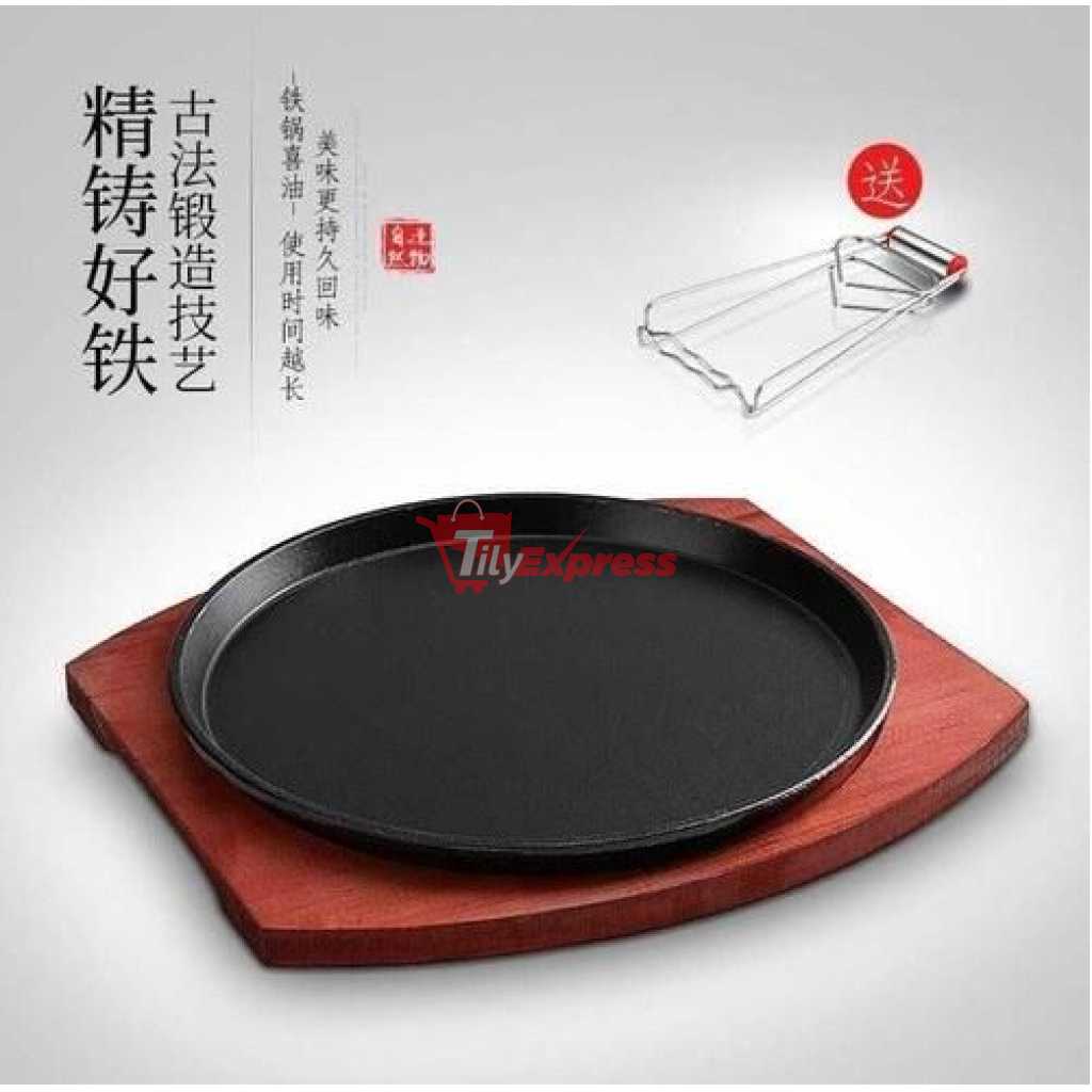 Kitchen Round Sizzling Plate Cast Iron Plate With Thick Sturdy Wooden Base 26cm- Brown, Black