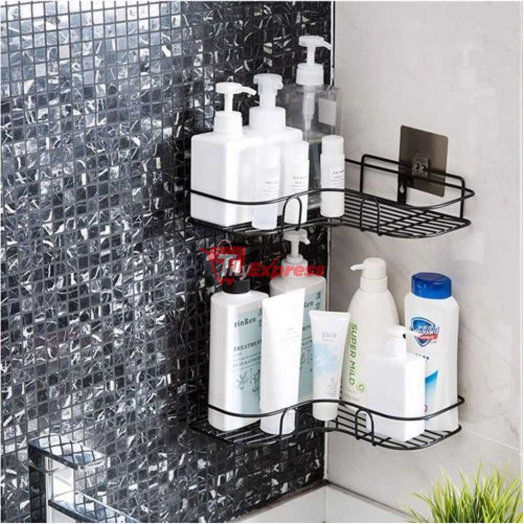 Self-Adhesive Metal Bathroom Kitchen Corner Rack Storage Shelves - Black