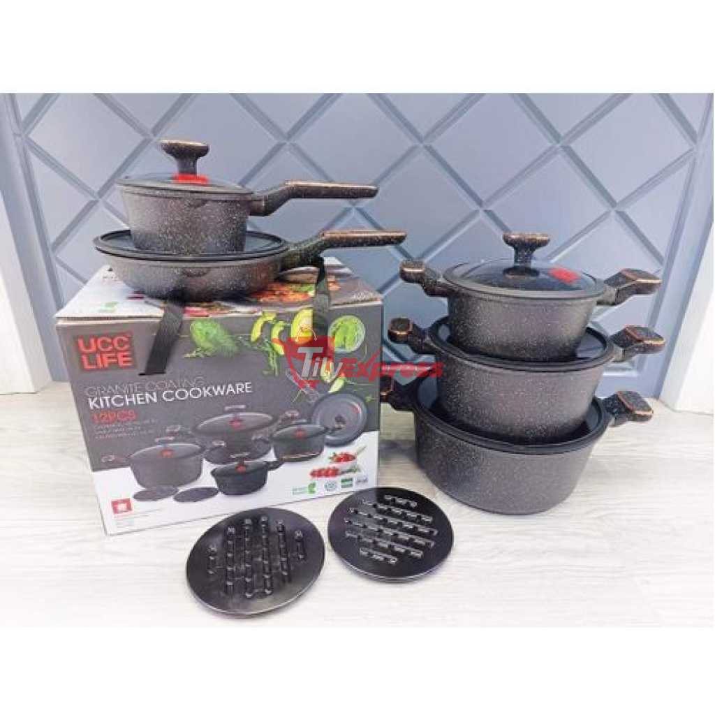 UCC life 12pcs Granite Die Cast Nonstick Cookware Pots and Pans Set Compatible with All Stovetops (Gas, Electric & Induction), PFOA Free -Multicolor