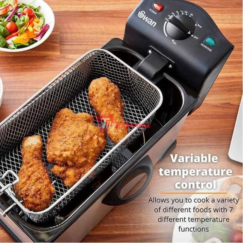 Swan 3 Litre Stainless Steel Deep Fat Fryer with Viewing Window and Safety Cut Out, Non-Slip, Easy Clean and Adjustable Temperature Control, 2000W, Silver