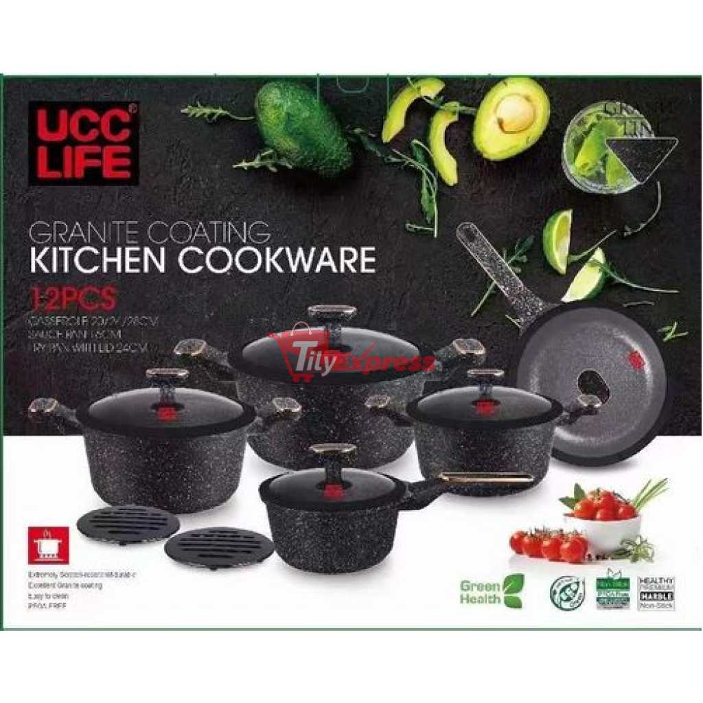 UCC life 12pcs Granite Die Cast Nonstick Cookware Pots and Pans Set Compatible with All Stovetops (Gas, Electric & Induction), PFOA Free -Multicolor