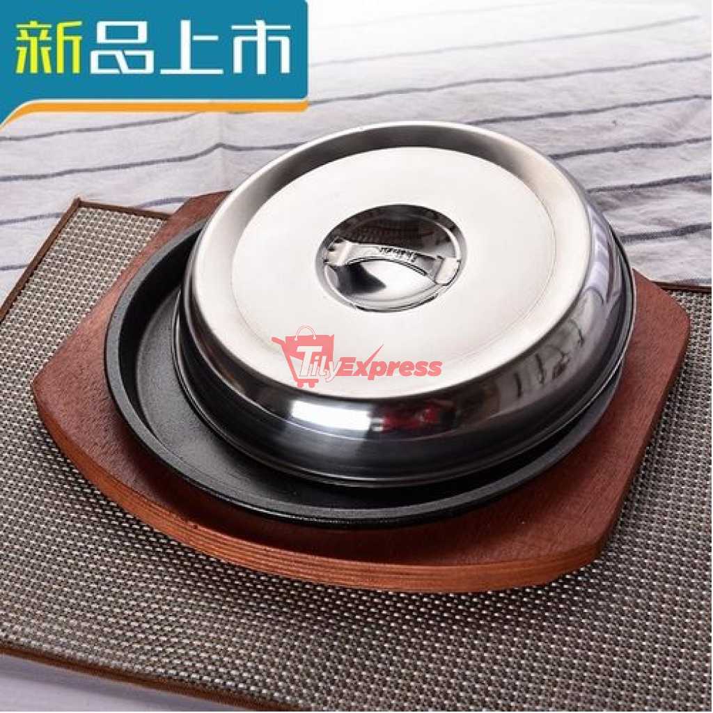 Kitchen Round Sizzling Plate Cast Iron Plate With Thick Sturdy Wooden Base 26cm- Brown, Black