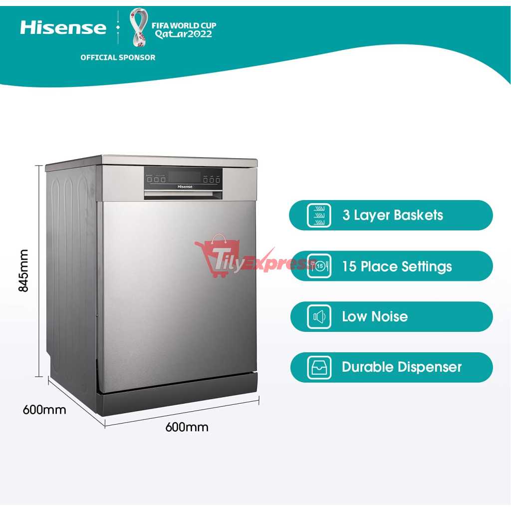 Hisense 15 Place Settings Dishwasher (HS623E90G, Silver,Stainless Steel, Inbuilt Heater,Quick Wash) - Dark Grey