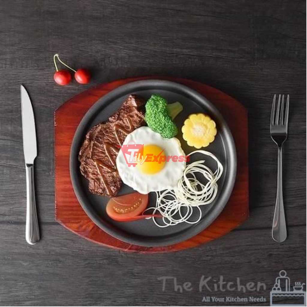 Kitchen Round Sizzling Plate Cast Iron Plate With Thick Sturdy Wooden Base 26cm- Brown, Black