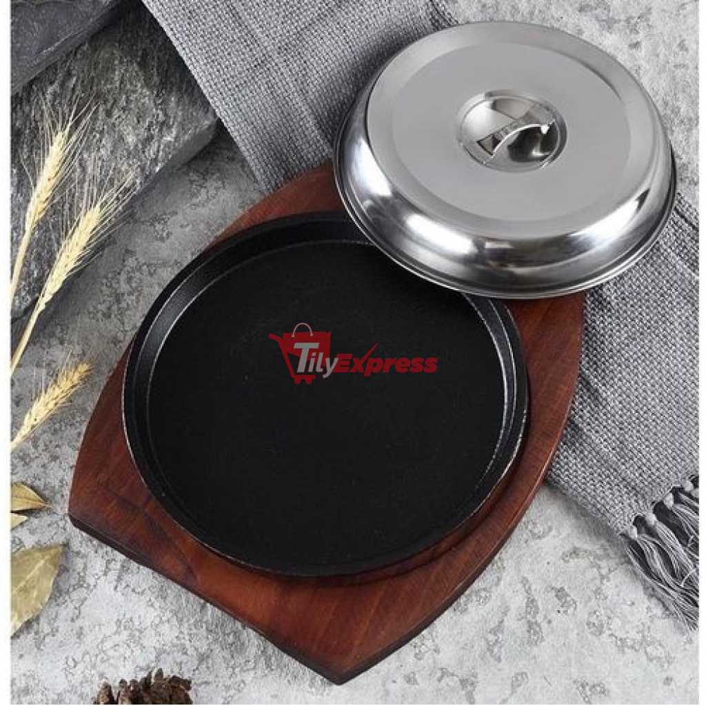 Kitchen Round Sizzling Plate Cast Iron Plate With Thick Sturdy Wooden Base 26cm- Brown, Black