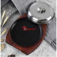 Kitchen Round Sizzling Plate Cast Iron Plate With Thick Sturdy Wooden Base 26cm- Brown, Black Accent Plates TilyExpress